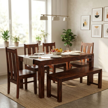 wooden dining with four chair and one bench