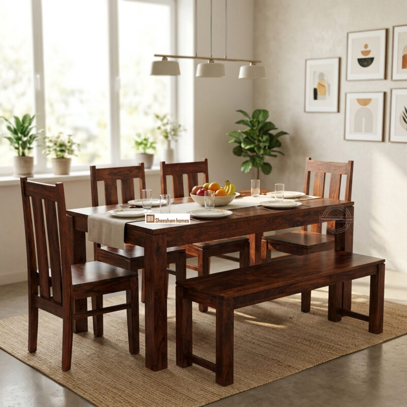 wooden dining with four chair and one bench