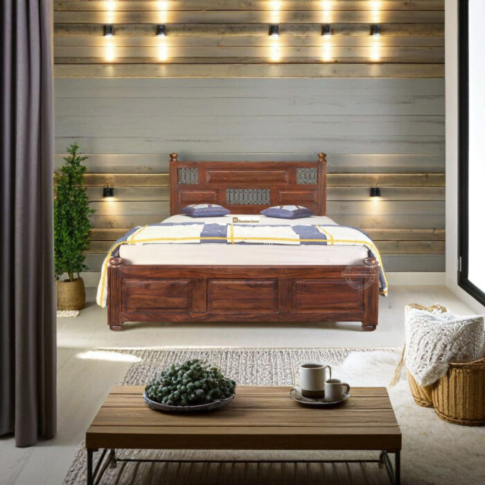 SHEESHAM WOOD BED IRON JALI STORAGE - Image 1