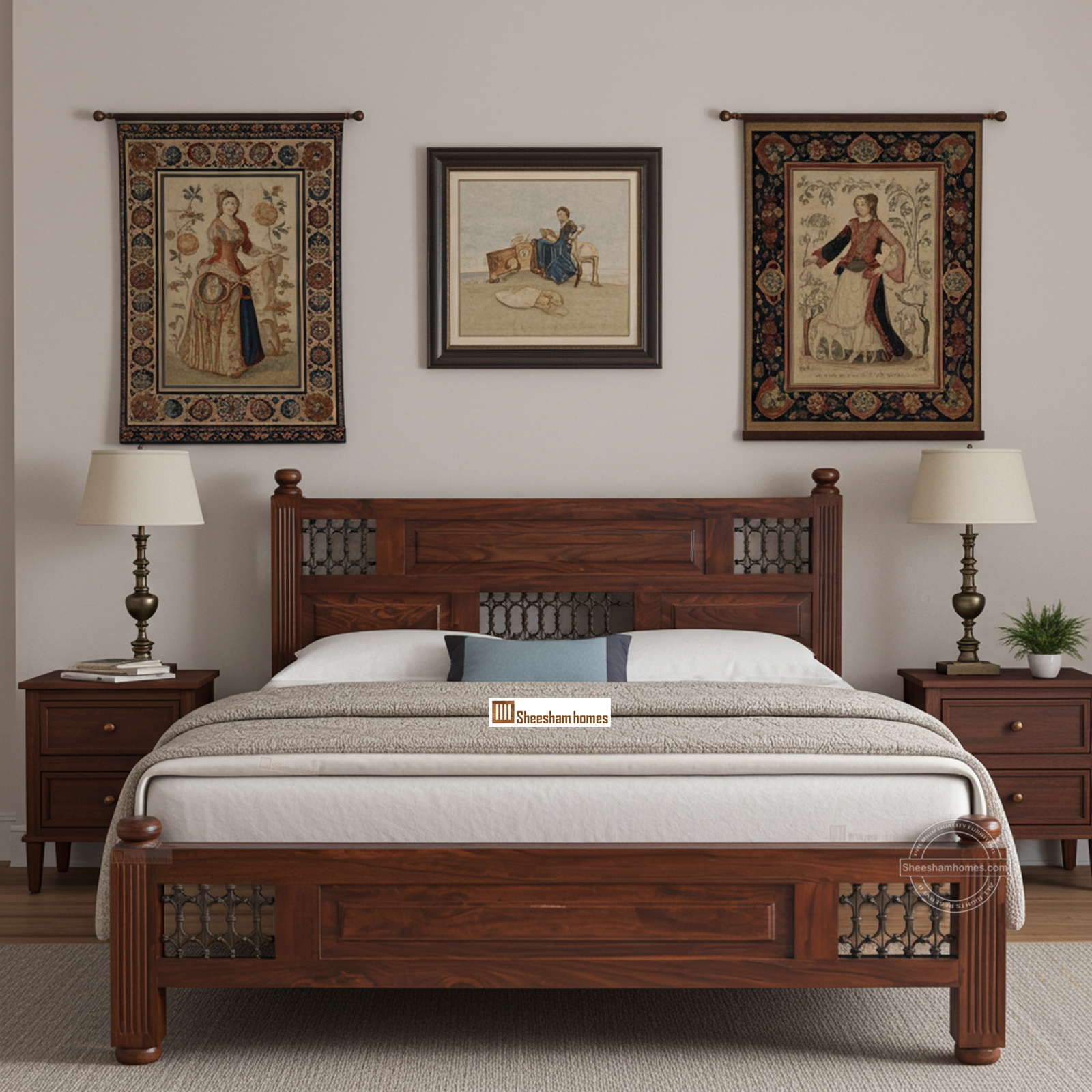 SH-0063-IRON JALI w02 SHEESHAM WOOD BED IRON JALI W/O STORAGE - Image 1