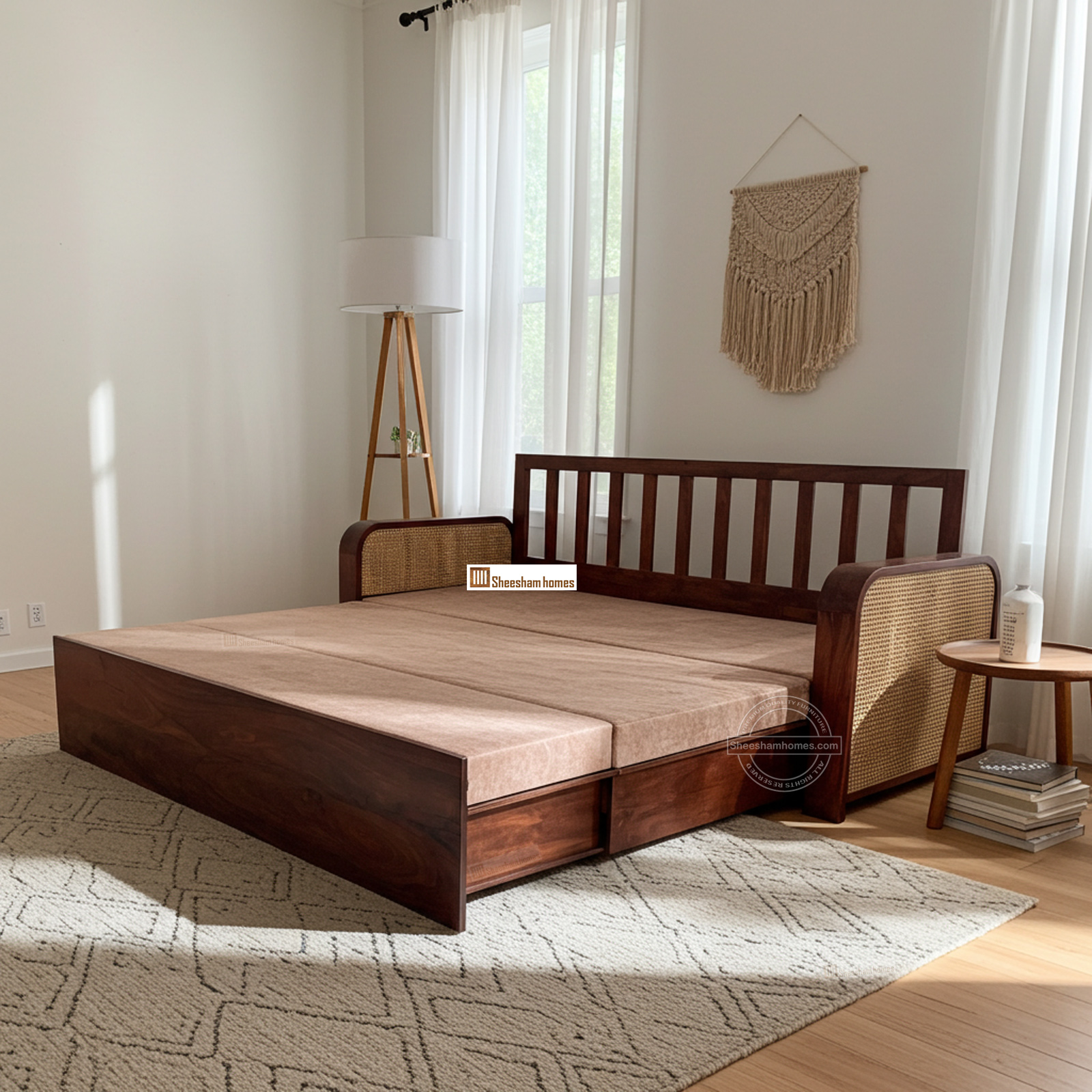 SH-0325 -02w SOFA CUM BED CANE DESIGN Cosmo Sheesham Wood 3 Seater Sofa Cum Bed With Cane Weaving - Image 1