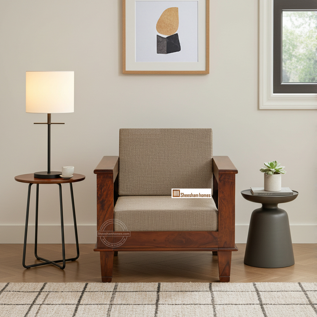 SH0314-SN1-01 SINGLE SEATER REXOLIN SOFA Sheesham Wood Rexolin Sofa One Seater - Image 1